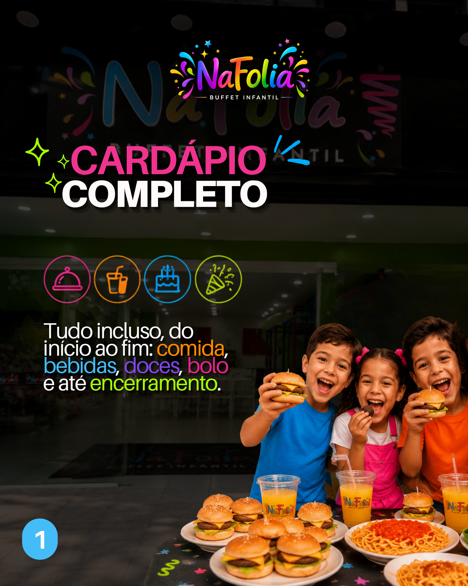 Cardápio completo para festa infantil no NaFolia Buffet Infantil