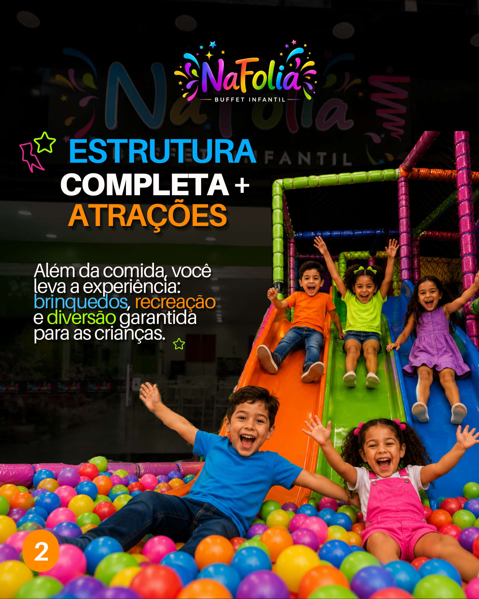 Estrutura completa com brinquedos, recreação e atrações infantis